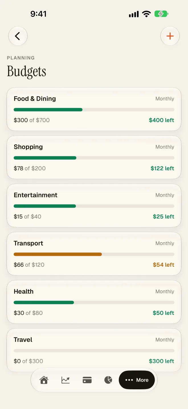 SampattiTrack Budgets screen showing spending against category limits