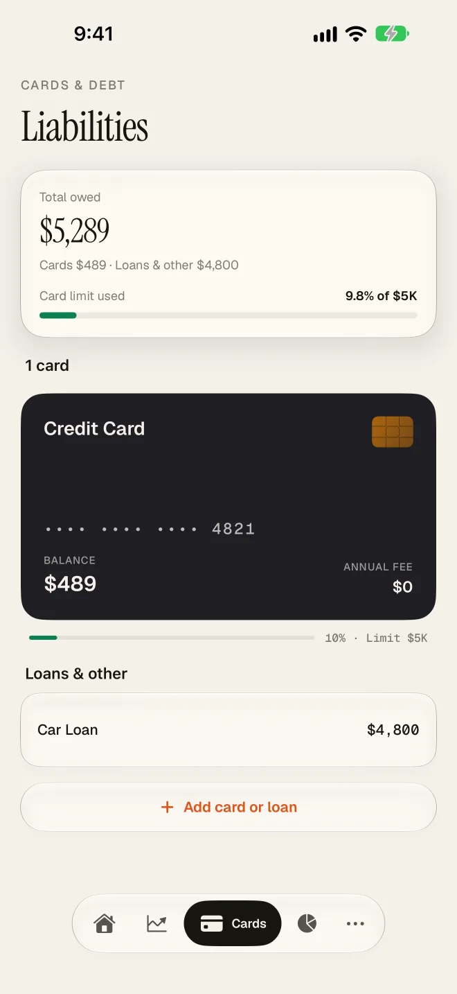 The SampattiTrack Cards screen showing credit card accounts