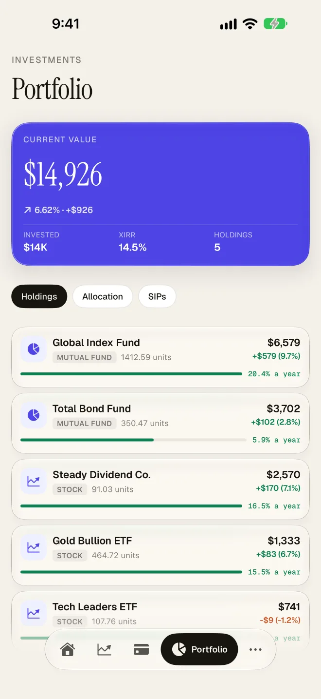 The SampattiTrack portfolio screen showing investment holdings