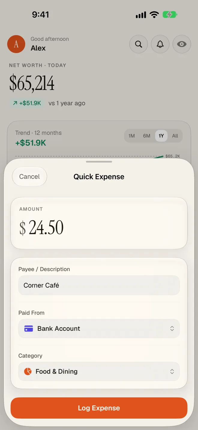 The SampattiTrack Quick Log screen for recording a spend in a few taps