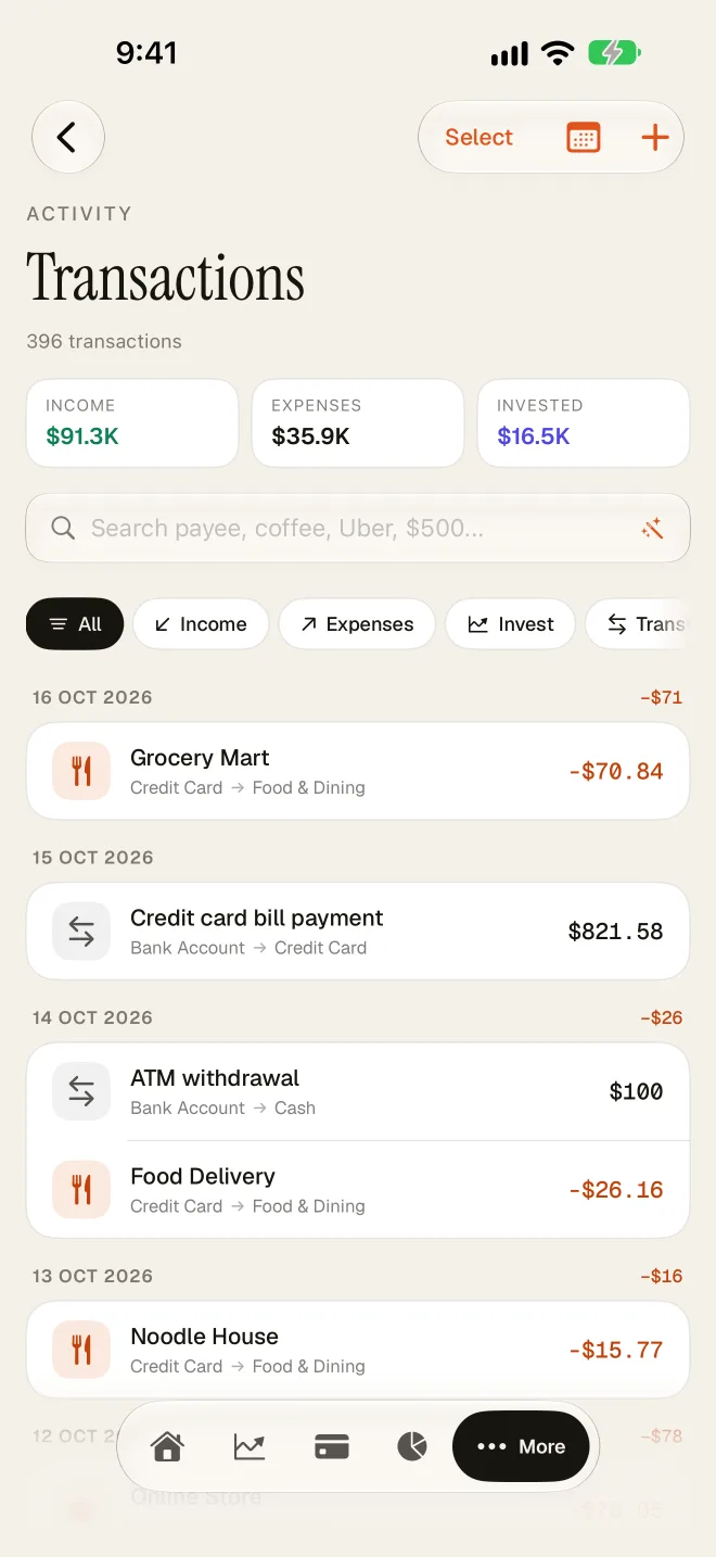 The SampattiTrack transactions list